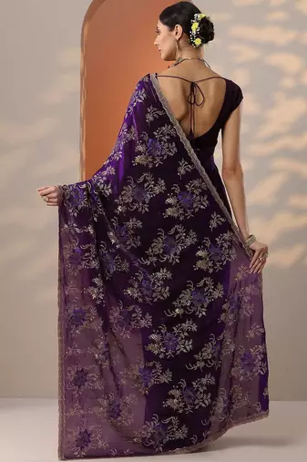 purple embroidered organza saree with unstitched blouse piece