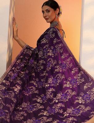 purple embroidered organza saree with unstitched blouse piece 4