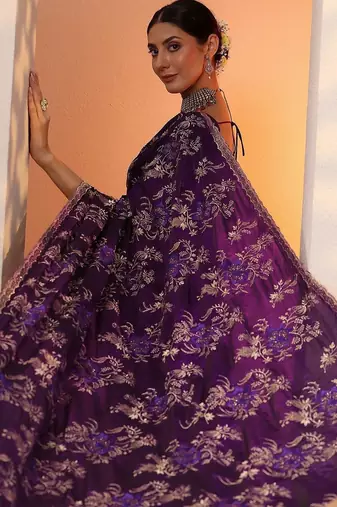 purple embroidered organza saree with unstitched blouse piece