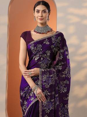 purple embroidered organza saree with unstitched blouse piece 5
