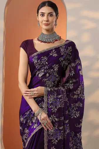 purple embroidered organza saree with unstitched blouse piece