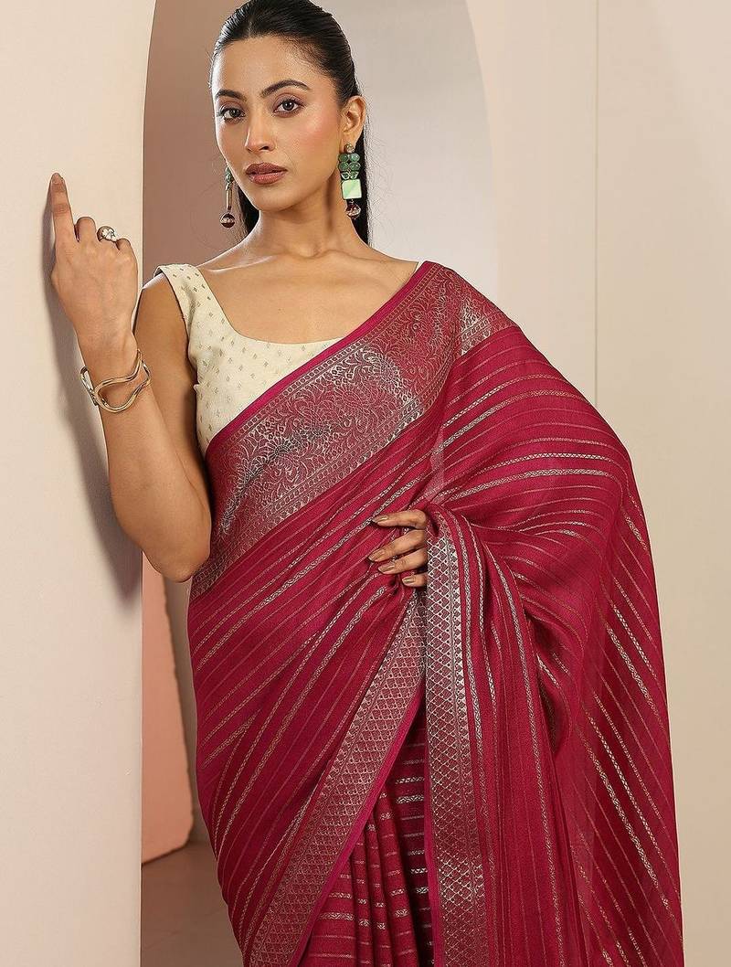 maroon woven design georgette saree with unstitched blouse piece
