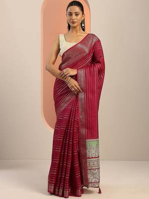maroon woven design georgette saree with unstitched blouse piece 2