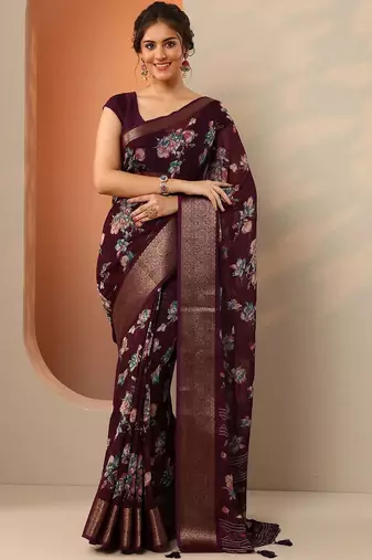 maroon printed georgette saree with unstitched blouse piece