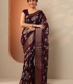 maroon printed georgette saree with unstitched blouse piece