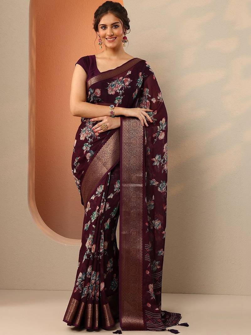 maroon printed georgette saree with unstitched blouse piece