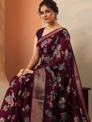 maroon printed georgette saree with unstitched blouse piece 2