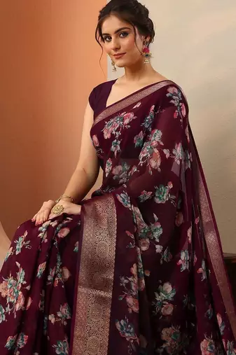 maroon printed georgette saree with unstitched blouse piece