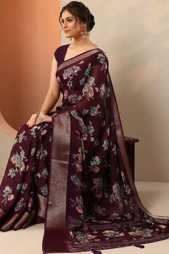maroon printed georgette saree with unstitched blouse piece