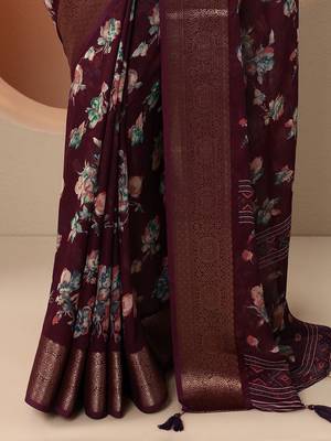 maroon printed georgette saree with unstitched blouse piece 5