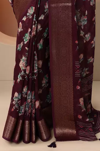 maroon printed georgette saree with unstitched blouse piece