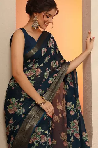 navy blue printed georgette saree with unstitched blouse piece