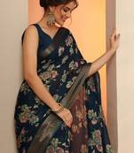 navy blue printed georgette saree with unstitched blouse piece