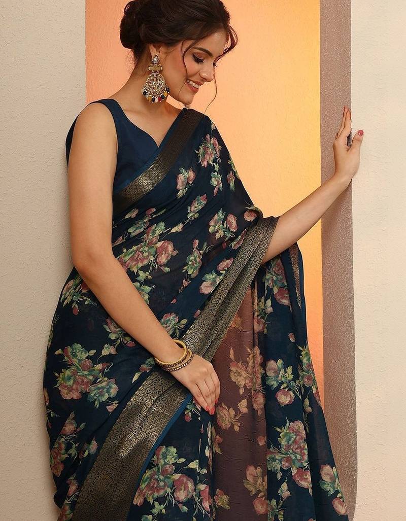 navy blue printed georgette saree with unstitched blouse piece