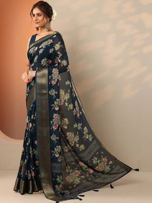 navy blue printed georgette saree with unstitched blouse piece 2