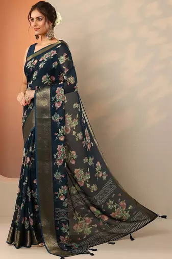 navy blue printed georgette saree with unstitched blouse piece