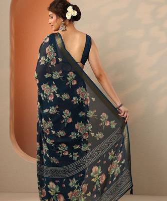 navy blue printed georgette saree with unstitched blouse piece 3