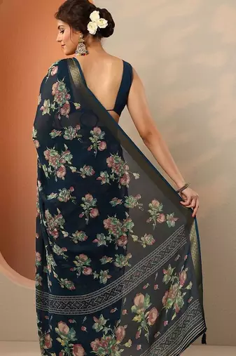navy blue printed georgette saree with unstitched blouse piece