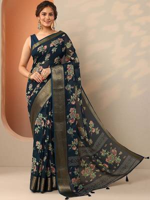 navy blue printed georgette saree with unstitched blouse piece 4