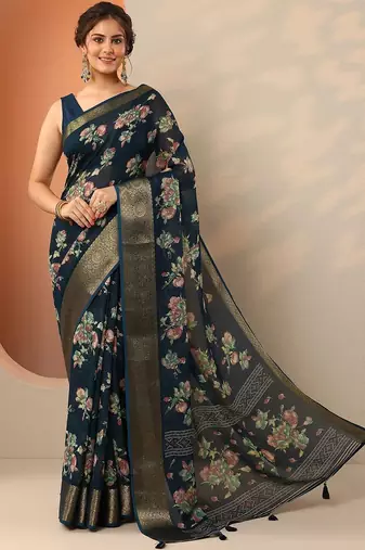 navy blue printed georgette saree with unstitched blouse piece