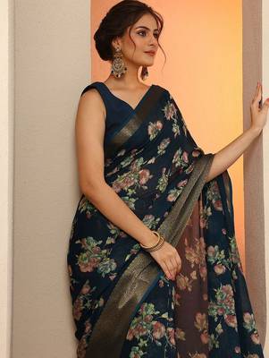 navy blue printed georgette saree with unstitched blouse piece 5