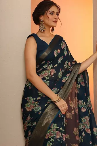 navy blue printed georgette saree with unstitched blouse piece
