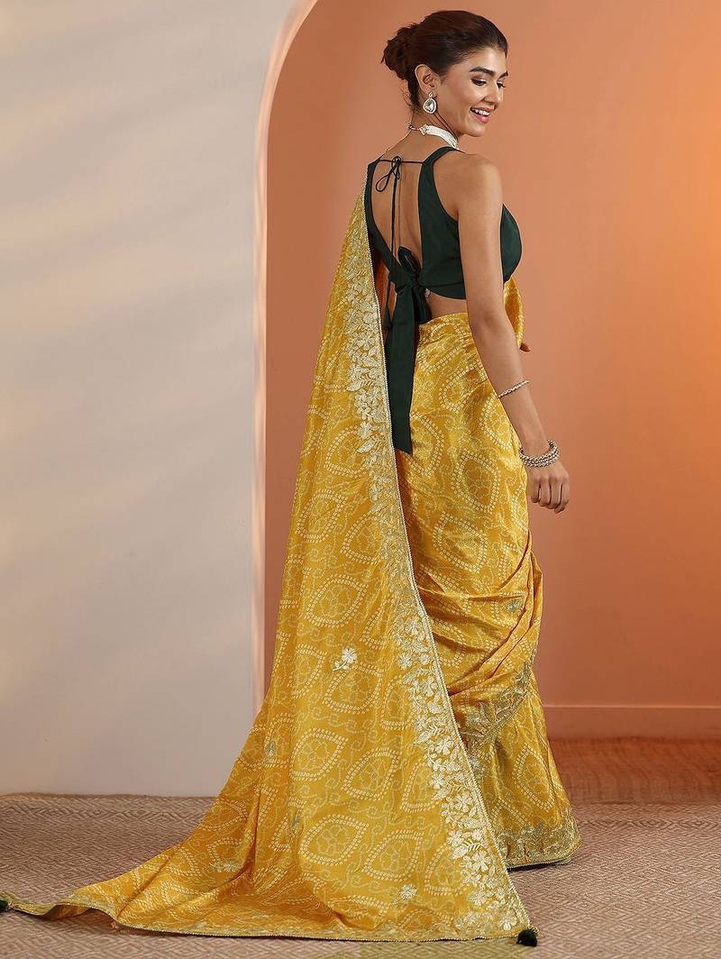 yellow bandhani printed chinon saree with unstitched blouse piece