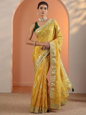 yellow bandhani printed chinon saree with unstitched blouse piece 2