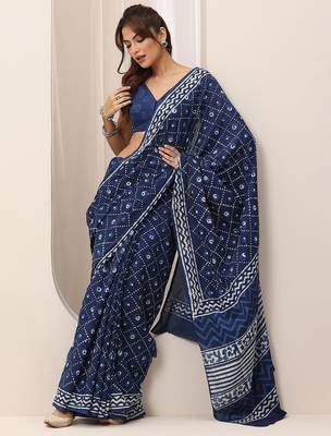 blue bandhani printed saree with blouse piece 1