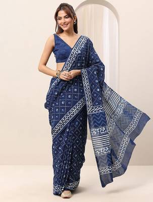 blue bandhani printed saree with blouse piece 2