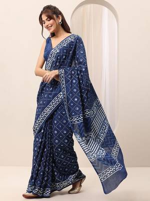 blue bandhani printed saree with blouse piece 3