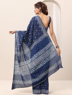 blue bandhani printed saree with blouse piece 4