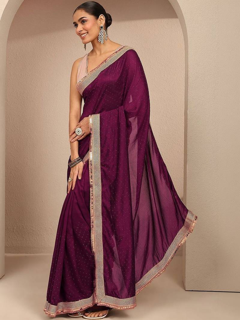 purple embellished saree with unstitched blouse piece