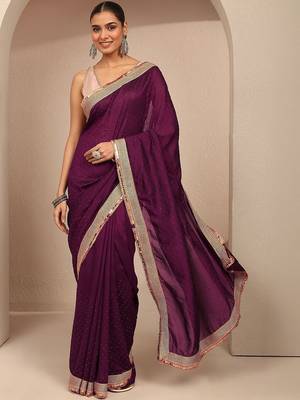 purple embellished saree with unstitched blouse piece 2