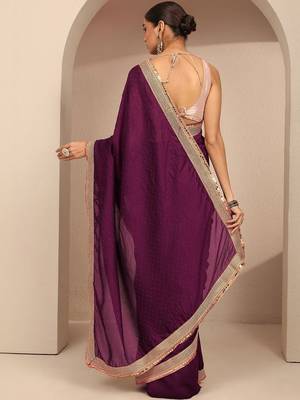 purple embellished saree with unstitched blouse piece 3