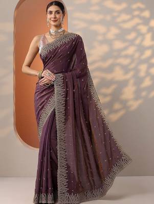 purple embellished organza saree with unstitched blouse piece 1