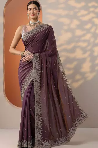 purple embellished organza saree with unstitched blouse piece