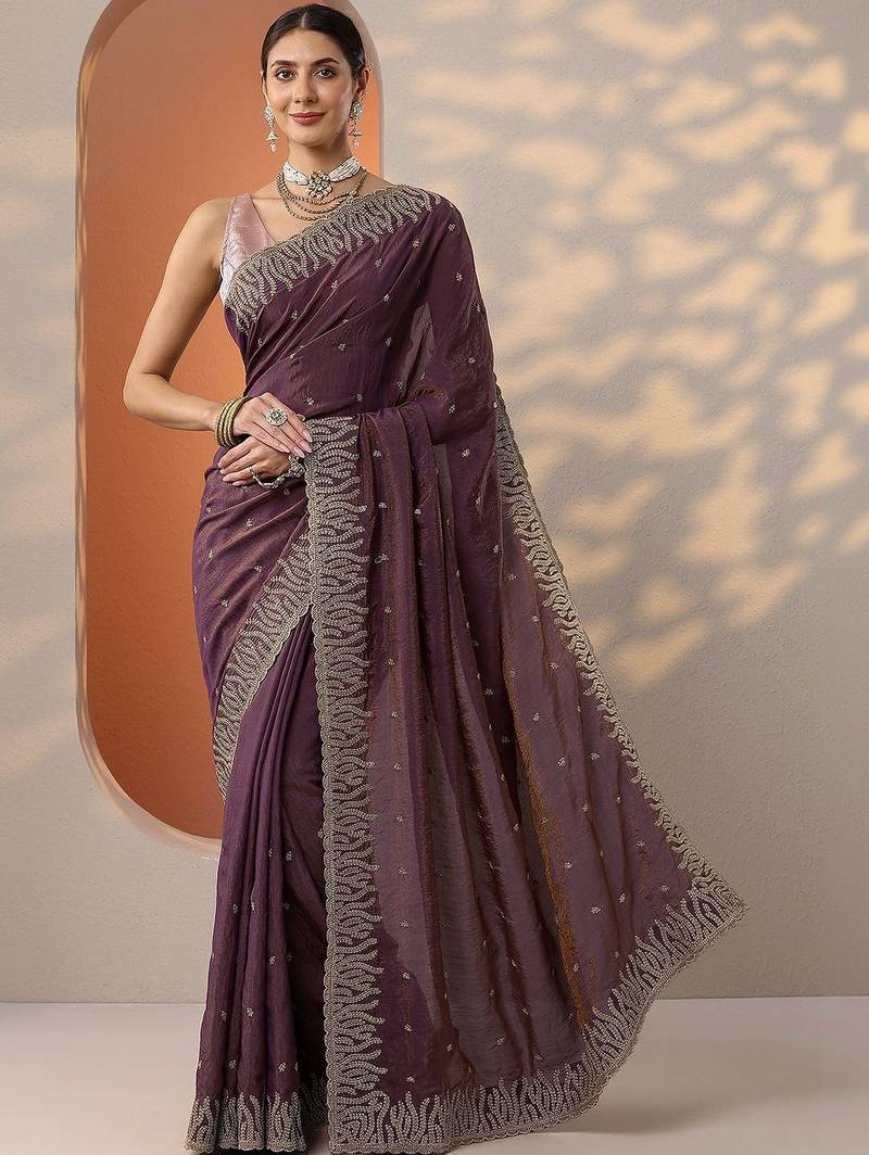 purple embellished organza saree with unstitched blouse piece