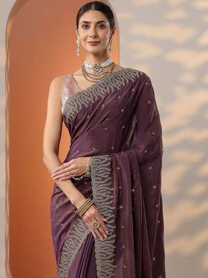 purple embellished organza saree with unstitched blouse piece 2