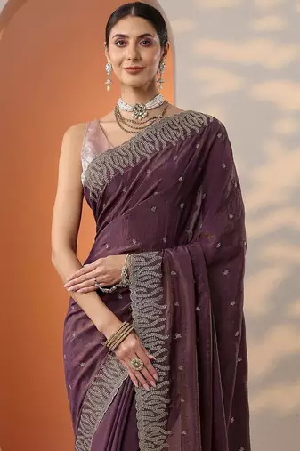 purple embellished organza saree with unstitched blouse piece