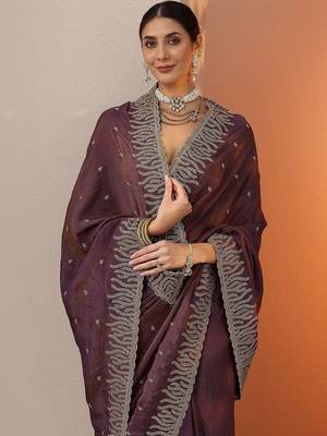 purple embellished organza saree with unstitched blouse piece 3