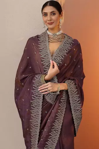 purple embellished organza saree with unstitched blouse piece