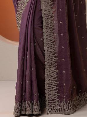 purple embellished organza saree with unstitched blouse piece 5