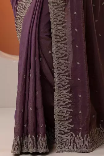 purple embellished organza saree with unstitched blouse piece