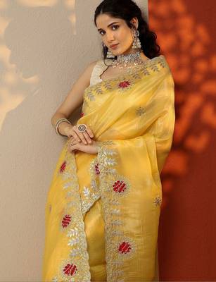 yellow embroidered organza saree with unstitched blouse piece 5