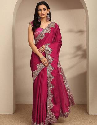 magenta embellished saree with unstitched blouse piece 1