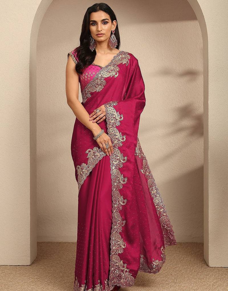 magenta embellished saree with unstitched blouse piece