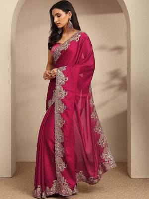 magenta embellished saree with unstitched blouse piece 2