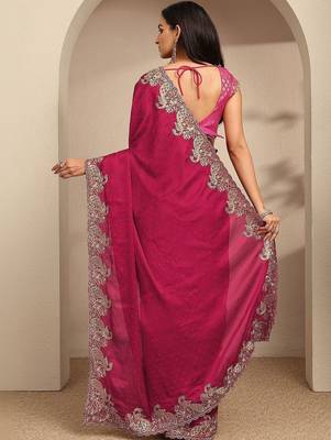 magenta embellished saree with unstitched blouse piece 3