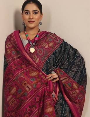 teal printed saree with unstitched blouse piece 1